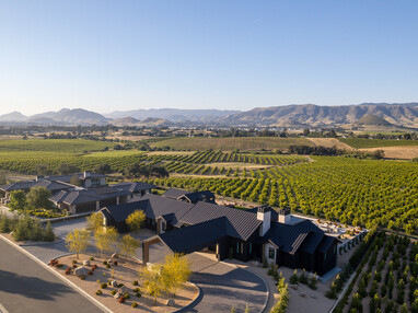 Aerial view of a contemporary San Luis Obispo residence surrounded by vineyard rows and  rolling California hills.
