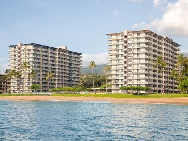 A beachfront view of both hotel buildings.