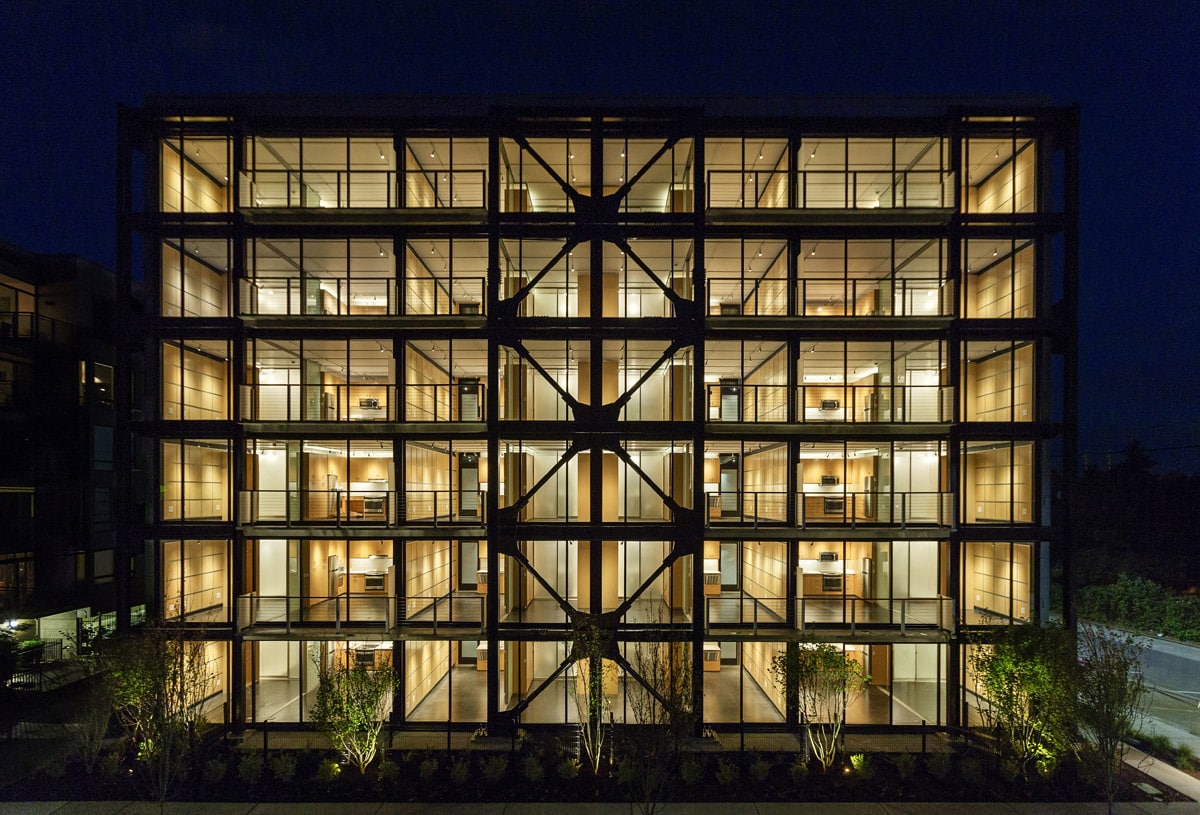 Floor-to-ceiling glazing across six floors of this apartment complex.