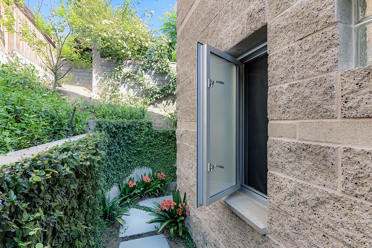 A hinge window opens to a wall covered in greenery.