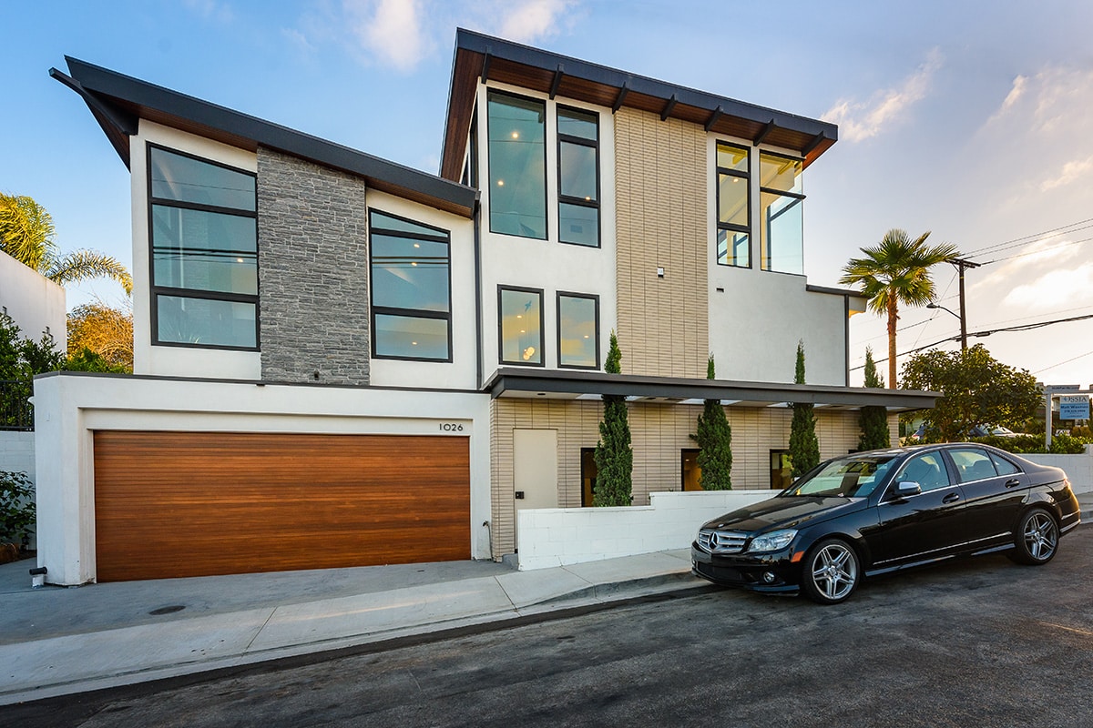 A side view of the clever angles and big glass that abound in the Manhattan Beach home.